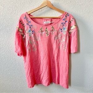 Paparazzi 100% Linen Coral Floral Embroidered Top Size Large Short Sleeve